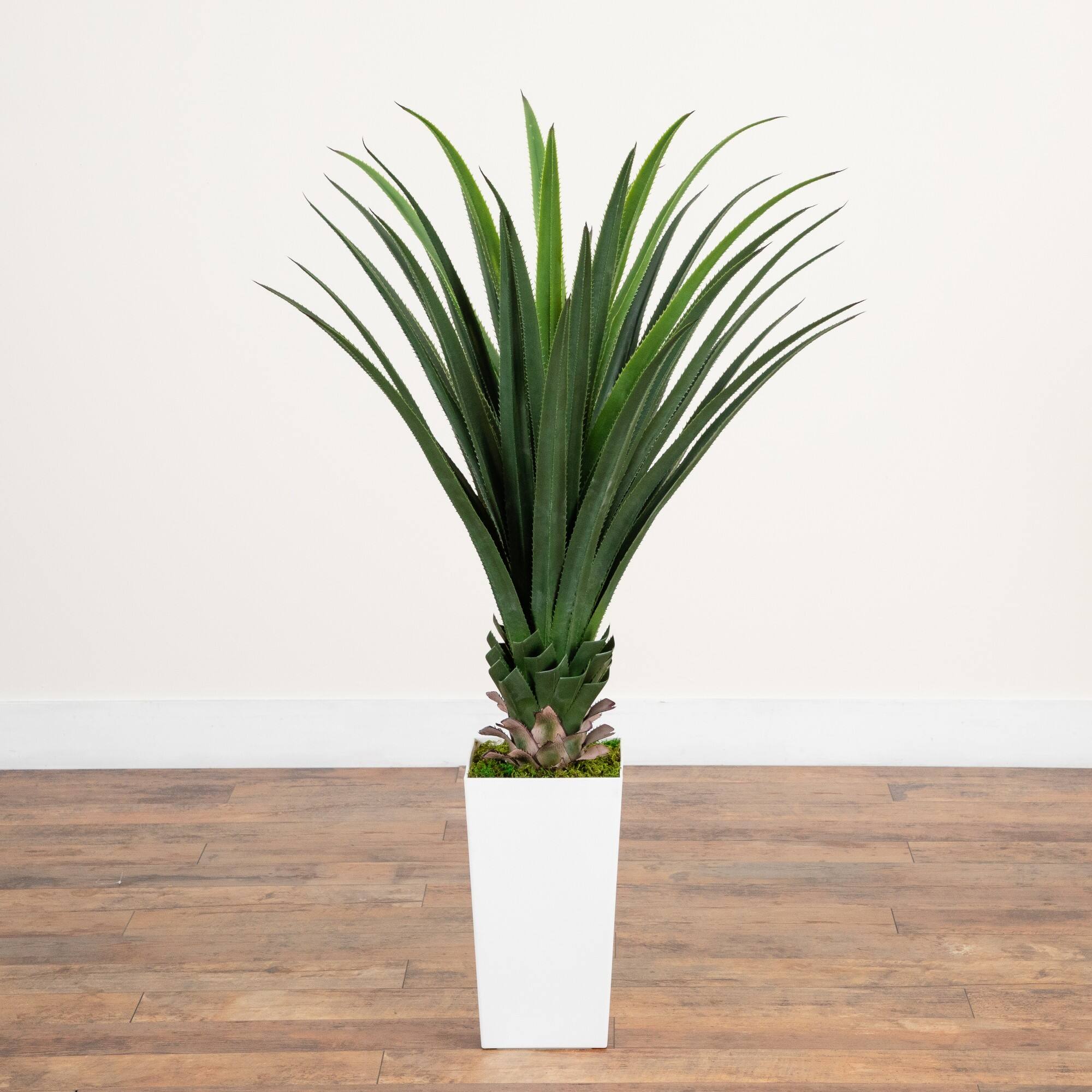 4ft. UV Resistant Artificial Spiked Agave Plant in White Tower Planter (Indoor/Outdoor)